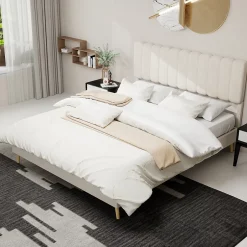 Okwish Lit Double 160x200 cm - avec Tête de Lit Douce et Base Basse Anti-Poussière, Cadre Confortable, en Velours, Beige, Sans Matelas Sale