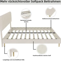 Okwish Lit Double 140x200 cm - avec Tête de Lit Douce et Base Basse Anti-Poussière, Cadre Confortable, en Velours, Beige, Sans Matelas