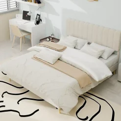 Okwish Lit Double 140x200 cm - avec Tête de Lit Douce et Base Basse Anti-Poussière, Cadre Confortable, en Velours, Beige, Sans Matelas