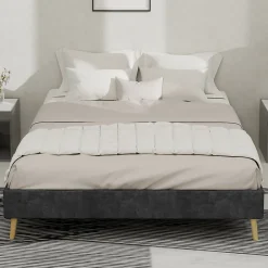 Okwish Lit Double 140x200 cm - Cadre Minimaliste Moderne à Structure Basse, Sans Tête de Lit, Sans Matelas, en Velours Hollandais, Gris