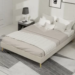 Okwish Lit Double 140x200 cm - Cadre Moderne, Revêtement en Velours, sans Matelas, Beige Discount