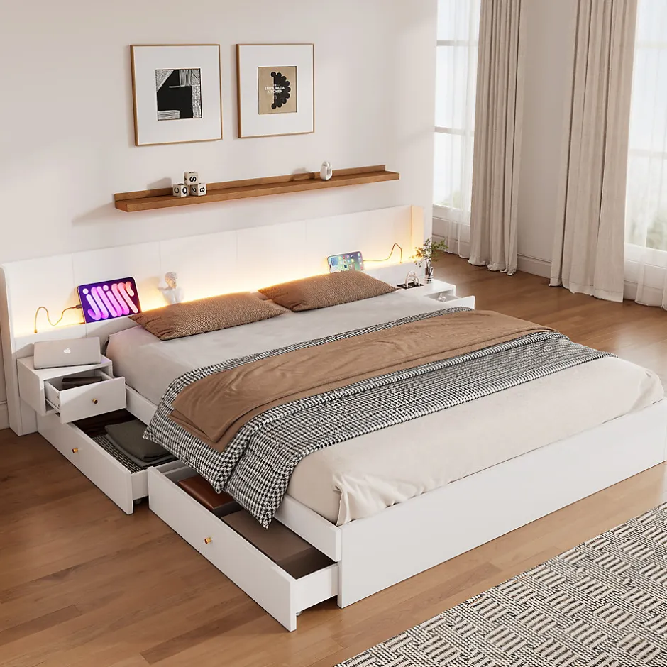 Okwish Lit Double 180x200 cm 2 Chevets avec USB, Éclairage LED, Prise et Contrôle Via App Mobile, 4 Tiroirs, Blanc, Pin, Sans Matelas