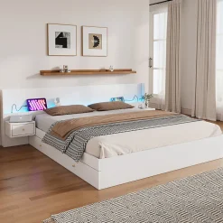 Okwish Lit Double 180x200 cm 2 Chevets avec USB, Éclairage LED, Prise et Contrôle Via App Mobile, 4 Tiroirs, Blanc, Pin, Sans Matelas