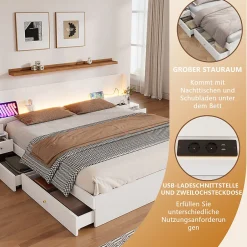 Okwish Lit Double 180x200 cm 2 Chevets avec USB, Éclairage LED, Prise et Contrôle Via App Mobile, 4 Tiroirs, Blanc, Pin, Sans Matelas