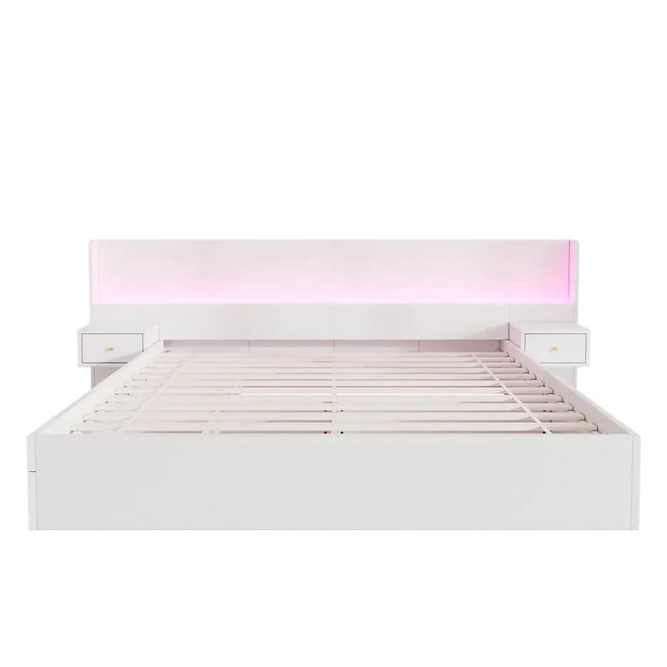 Okwish Lit Double 180x200 cm 2 Chevets avec USB, Éclairage LED, Prise et Contrôle Via App Mobile, 4 Tiroirs, Blanc, Pin, Sans Matelas