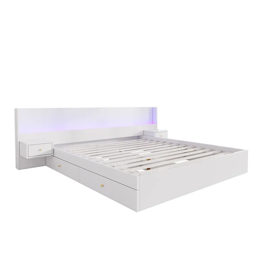 Okwish Lit Double 180x200 cm 2 Chevets avec USB, Éclairage LED, Prise et Contrôle Via App Mobile, 4 Tiroirs, Blanc, Pin, Sans Matelas