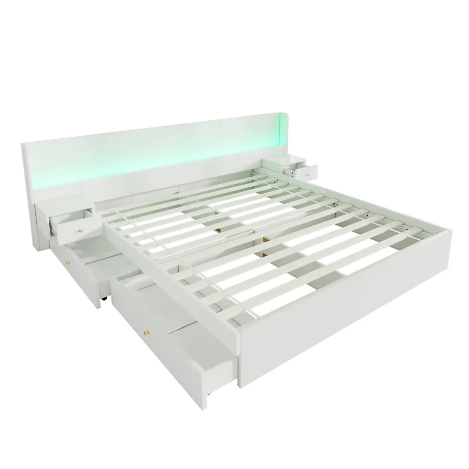 Okwish Lit Double 180x200 cm 2 Chevets avec USB, Éclairage LED, Prise et Contrôle Via App Mobile, 4 Tiroirs, Blanc, Pin, Sans Matelas