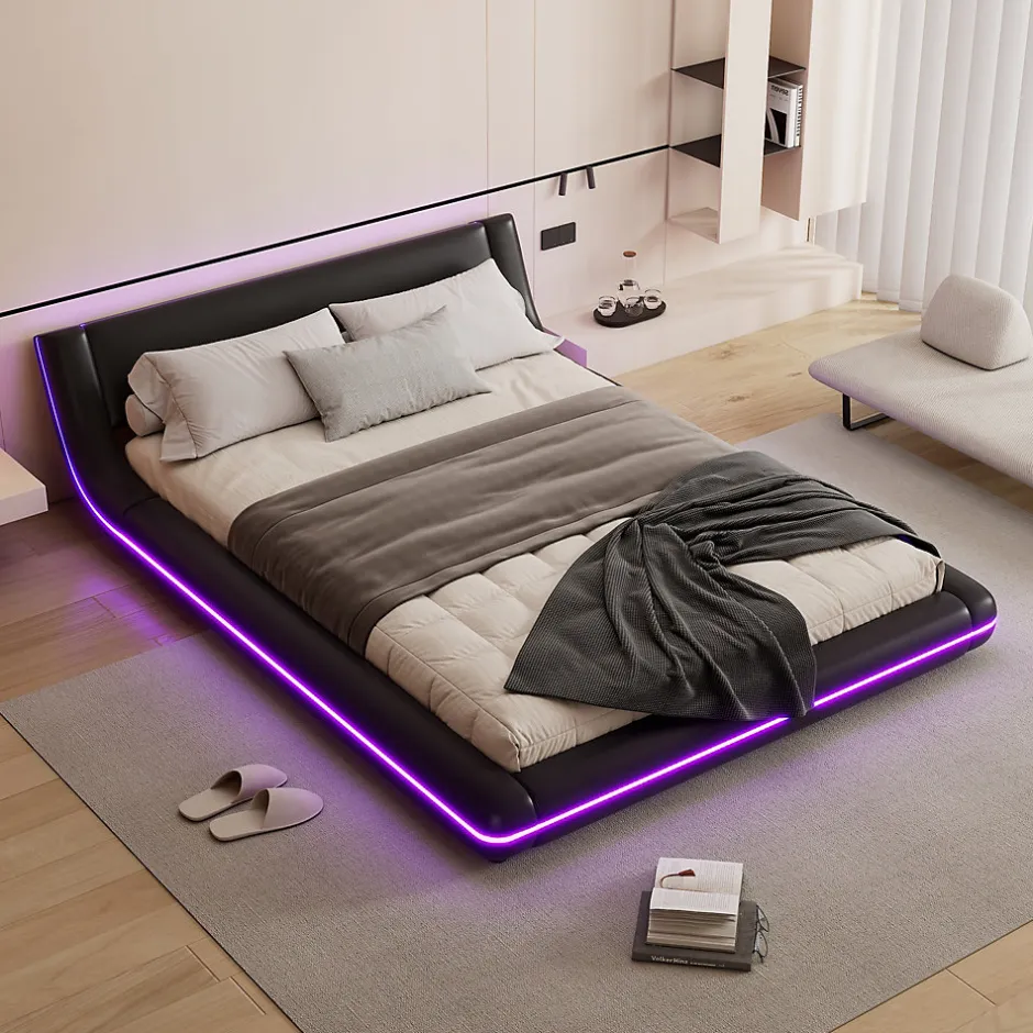 Okwish Lit Double 140x200 cm - Éclairage LED avec Télécommande 24 Touches - PU et MDF - Noir - Sans Matelas