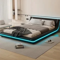 Okwish Lit Double 140x200 cm - Éclairage LED avec Télécommande 24 Touches - PU et MDF - Noir - Sans Matelas