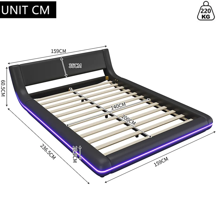 Okwish Lit Double 140x200 cm - Éclairage LED avec Télécommande 24 Touches - PU et MDF - Noir - Sans Matelas