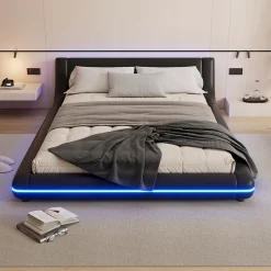 Okwish Lit Double 140x200 cm - Éclairage LED avec Télécommande 24 Touches - PU et MDF - Noir - Sans Matelas