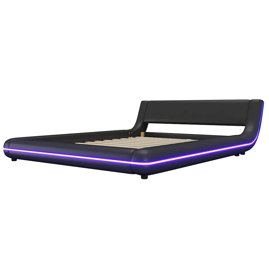 Okwish Lit Double 140x200 cm - Éclairage LED avec Télécommande 24 Touches - PU et MDF - Noir - Sans Matelas