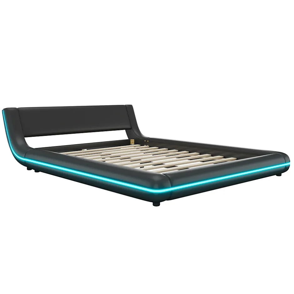 Okwish Lit Double 140x200 cm - Éclairage LED avec Télécommande 24 Touches - PU et MDF - Noir - Sans Matelas