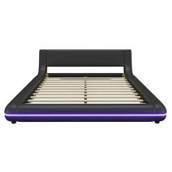 Okwish Lit Double 140x200 cm - Éclairage LED avec Télécommande 24 Touches - PU et MDF - Noir - Sans Matelas