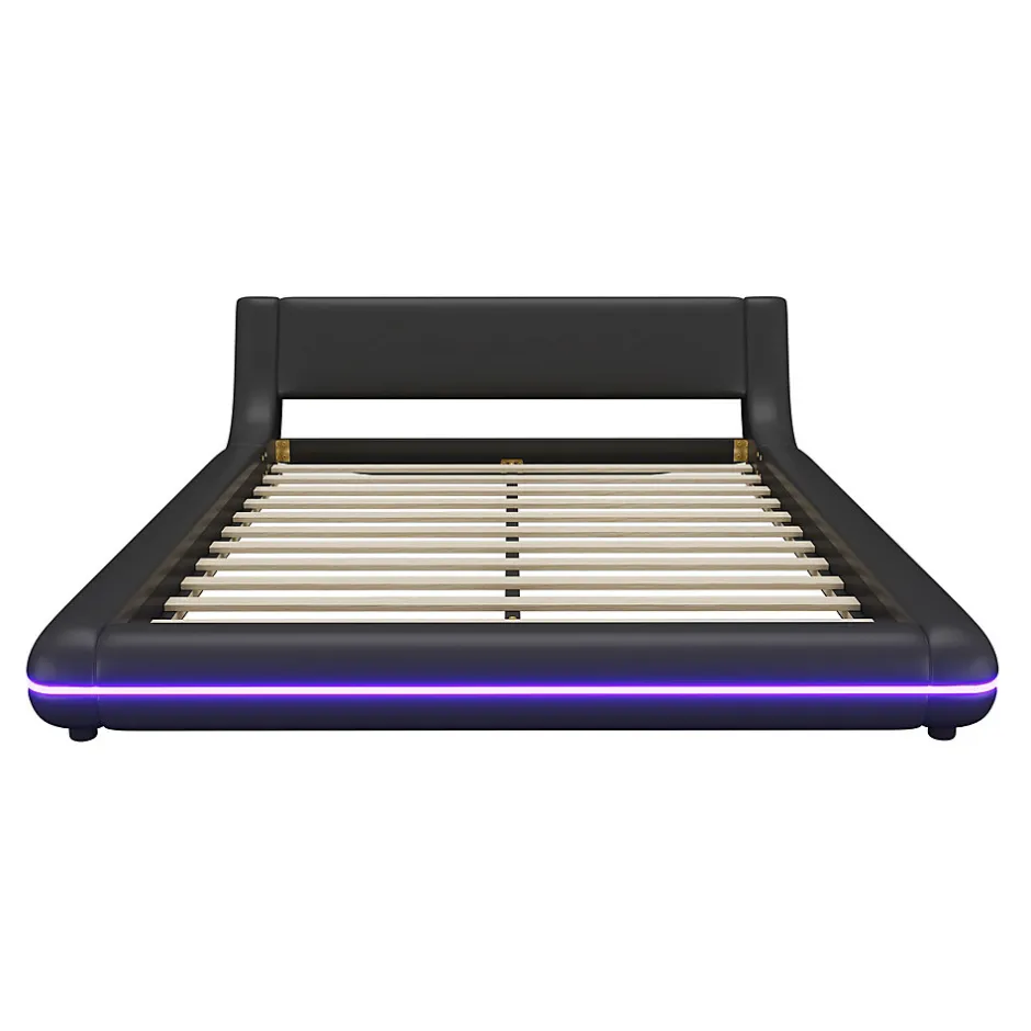 Okwish Lit Double 140x200 cm - Éclairage LED avec Télécommande 24 Touches - PU et MDF - Noir - Sans Matelas