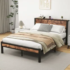 Okwish Lit Double 140x200 cm - Lit Ado Métal avec Tête de Lit Rangement, MDF, Marron - Solide et Silencieux - Sans Matelas Clearance