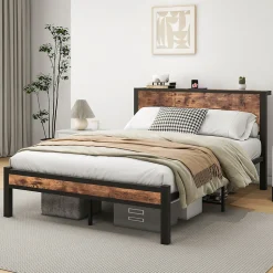 Okwish Lit Double 140x200 cm - Lit Ado Métal avec Tête de Lit Rangement, MDF, Marron - Solide et Silencieux - Sans Matelas Clearance