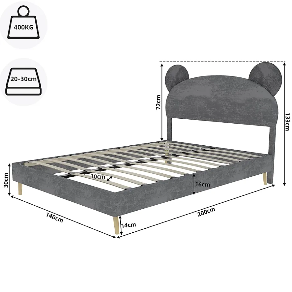 Okwish Lit Double 140x200 cm - Lit Adulte avec Tête Cartoon Capitonnée et Cadre Bas, Velours Gris, sans Matelas Hot