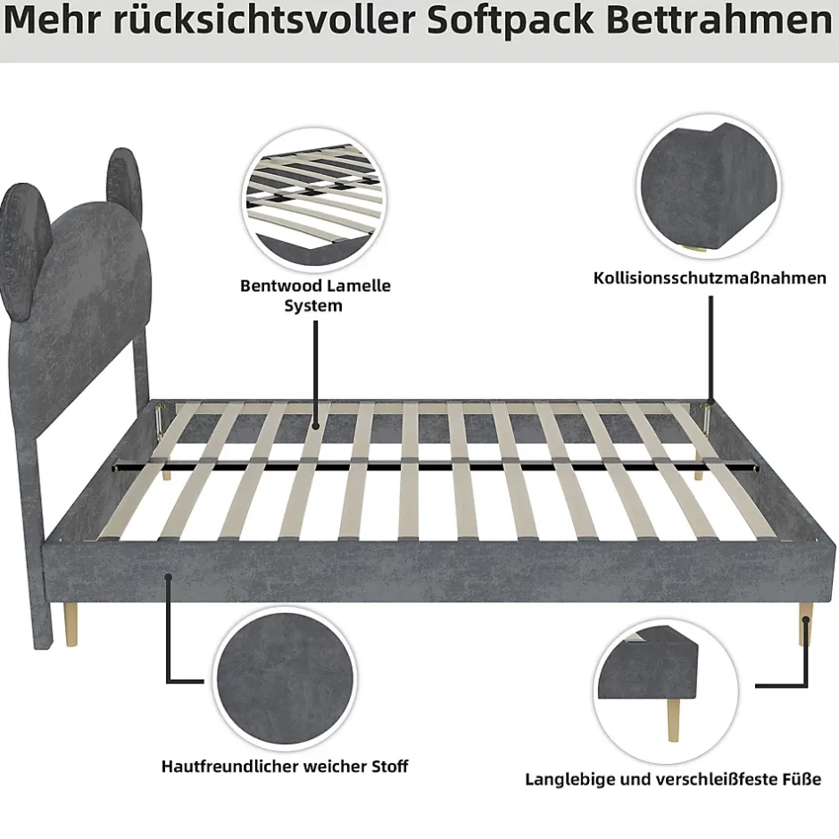 Okwish Lit Double 140x200 cm - Lit Adulte avec Tête Cartoon Capitonnée et Cadre Bas, Velours Gris, sans Matelas Hot