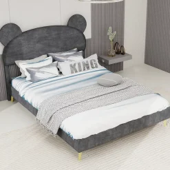 Okwish Lit Double 140x200 cm - Lit Adulte avec Tête Cartoon Capitonnée et Cadre Bas, Velours Gris, sans Matelas Hot
