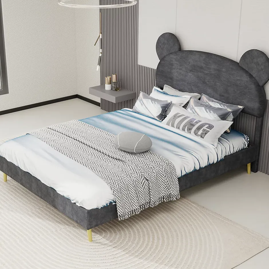 Okwish Lit Double 140x200 cm - Lit Adulte avec Tête Cartoon Capitonnée et Cadre Bas, Velours Gris, sans Matelas Hot