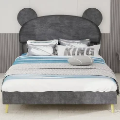 Okwish Lit Double 140x200 cm - Lit Adulte avec Tête Cartoon Capitonnée et Cadre Bas, Velours Gris, sans Matelas Hot