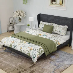 Okwish Lit Double 140x200 cm - Lit Adulte avec Tête de Lit Douce et Base Basse, Lit Capitonné Moderne, en Velours Gris, Sans Matelas