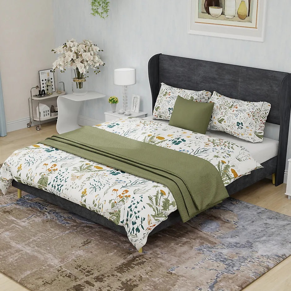 Okwish Lit Double 140x200 cm - Lit Adulte avec Tête de Lit Douce et Base Basse, Lit Capitonné Moderne, en Velours Gris, Sans Matelas