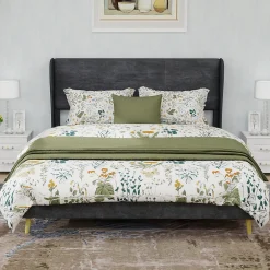 Okwish Lit Double 140x200 cm - Lit Adulte avec Tête de Lit Douce et Base Basse, Lit Capitonné Moderne, en Velours Gris, Sans Matelas