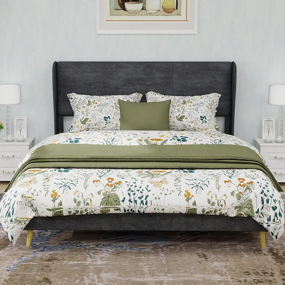 Okwish Lit Double 140x200 cm - Lit Adulte avec Tête de Lit Douce et Base Basse, Lit Capitonné Moderne, en Velours Gris, Sans Matelas