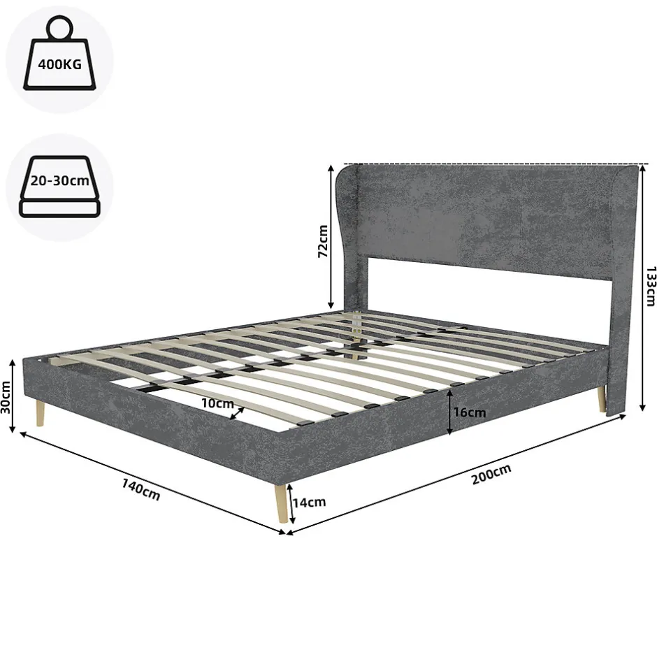 Okwish Lit Double 140x200 cm - Lit Adulte avec Tête de Lit Douce et Base Basse, Lit Capitonné Moderne, en Velours Gris, Sans Matelas