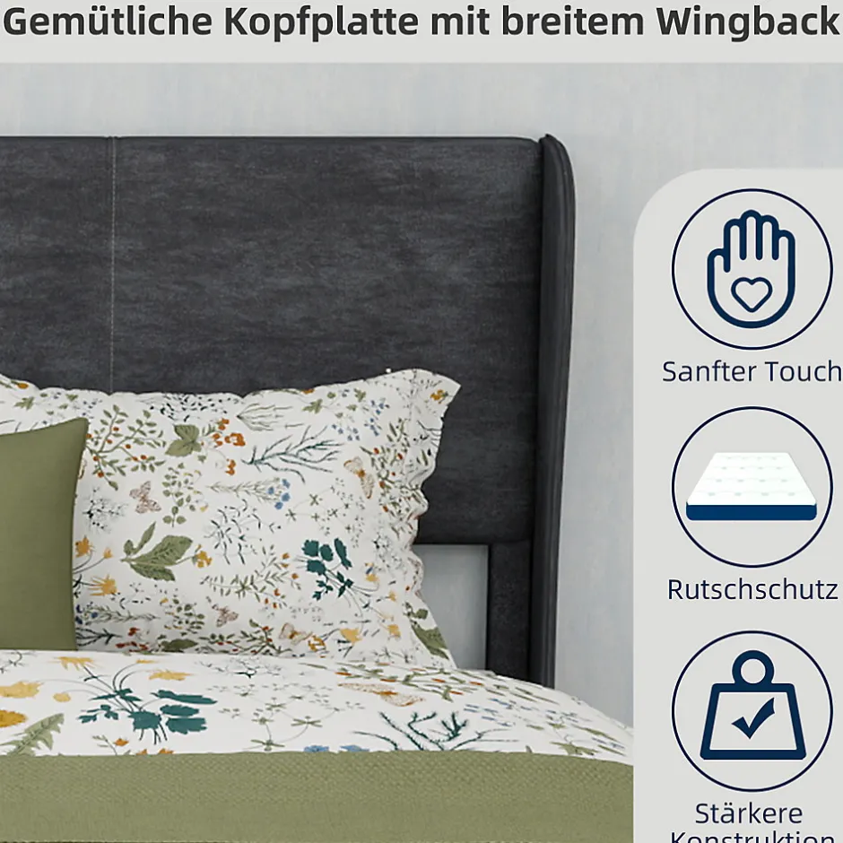 Okwish Lit Double 140x200 cm - Lit Adulte avec Tête de Lit Douce et Base Basse, Lit Capitonné Moderne, en Velours Gris, Sans Matelas