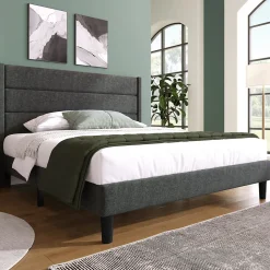 Okwish Lit double 140x200 cm - Lit adulte double capitonné avec sommier à lattes - Lin - Sans Matelas - Gris Foncé
