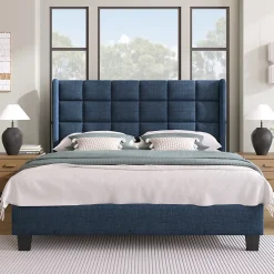 Okwish Lit double 140x200 cm - Lit adulte capitonné avec sommier à lattes - Lin - Sans Matelas - Bleu Online