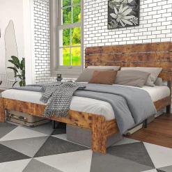 Okwish Lit Double 140x200 cm - Lit Adulte en Bois avec Cadre Métal Robuste - Style Industriel - Sans Matelas - Marron