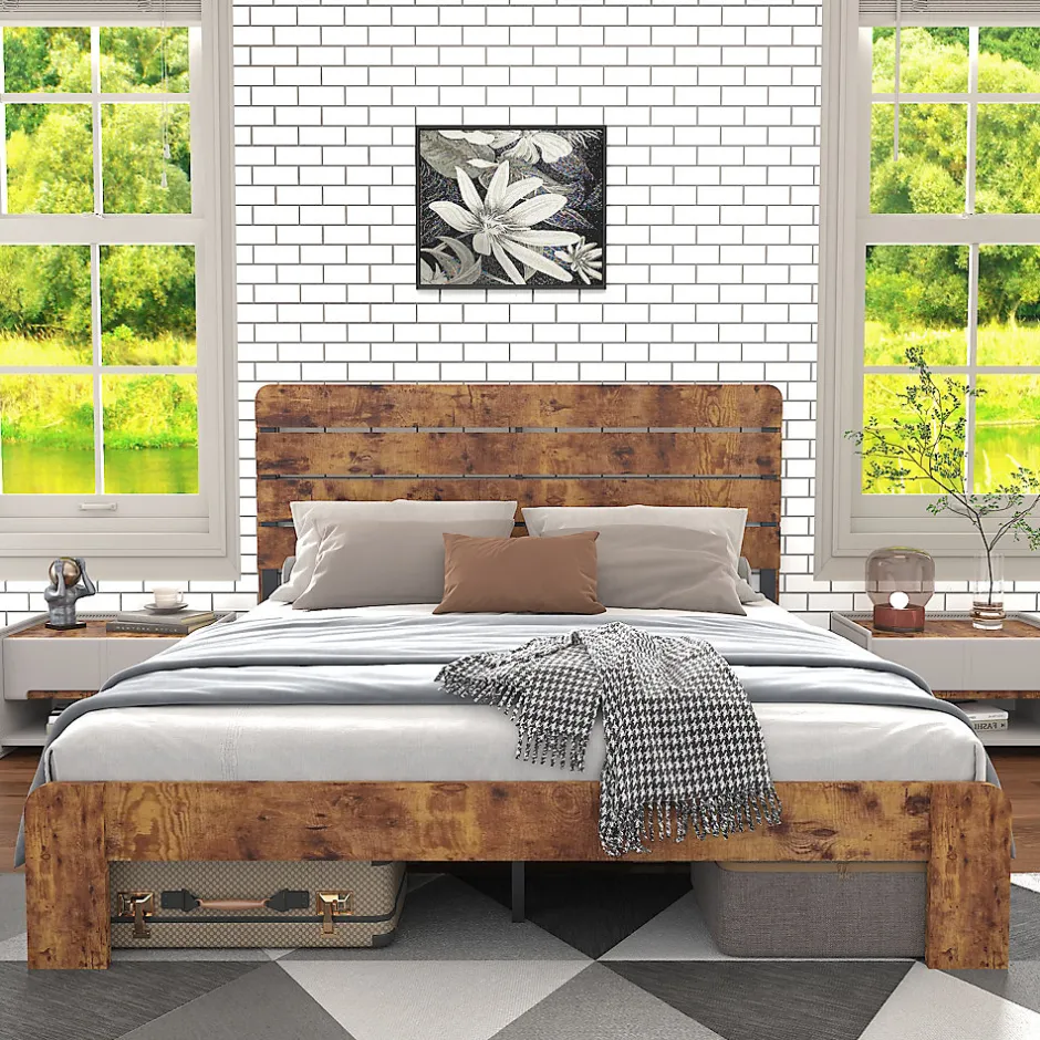 Okwish Lit Double 140x200 cm - Lit Adulte en Bois avec Cadre Métal Robuste - Style Industriel - Sans Matelas - Marron
