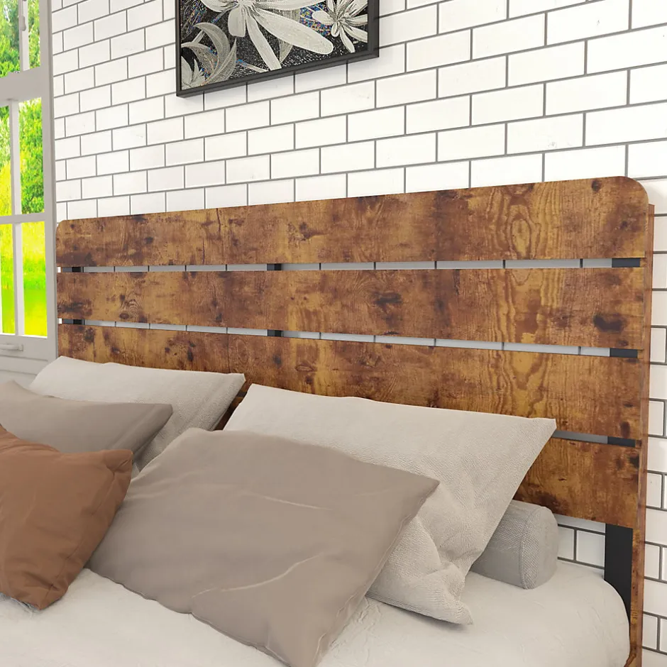 Okwish Lit Double 140x200 cm - Lit Adulte en Bois avec Cadre Métal Robuste - Style Industriel - Sans Matelas - Marron