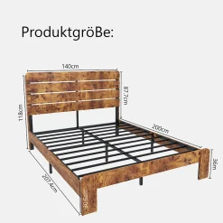 Okwish Lit Double 140x200 cm - Lit Adulte en Bois avec Cadre Métal Robuste - Style Industriel - Sans Matelas - Marron