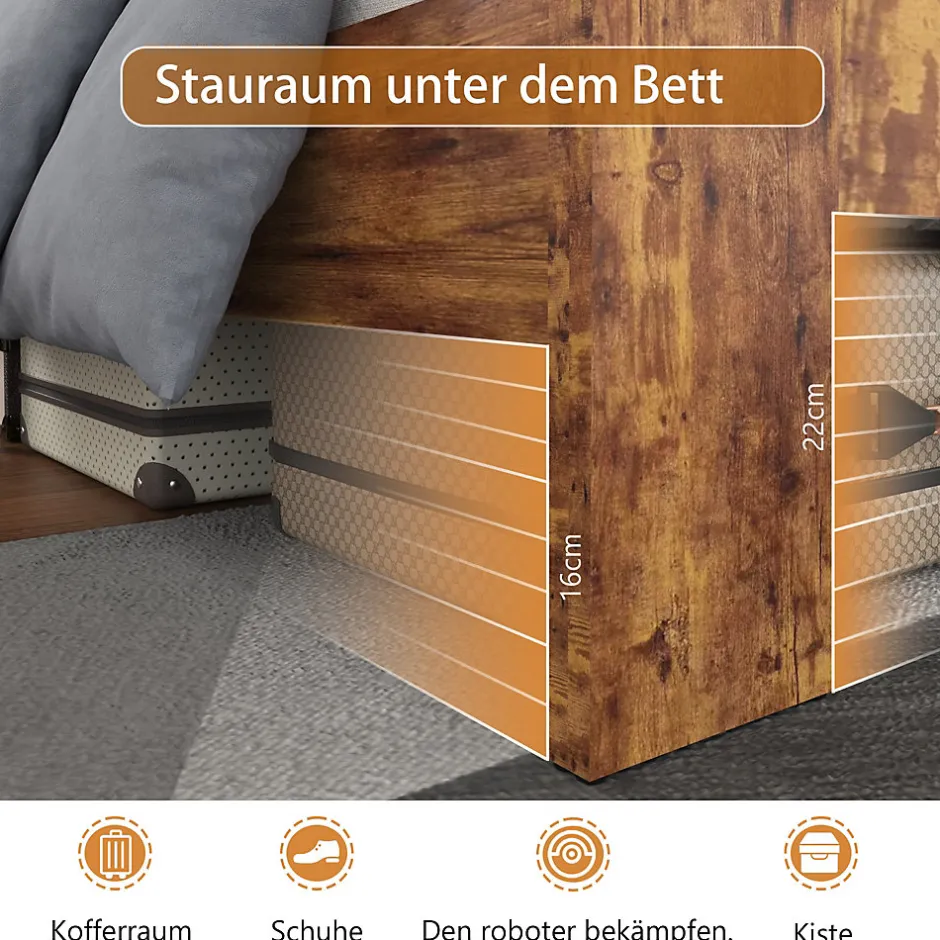 Okwish Lit Double 140x200 cm - Lit Adulte en Bois avec Cadre Métal Robuste - Style Industriel - Sans Matelas - Marron