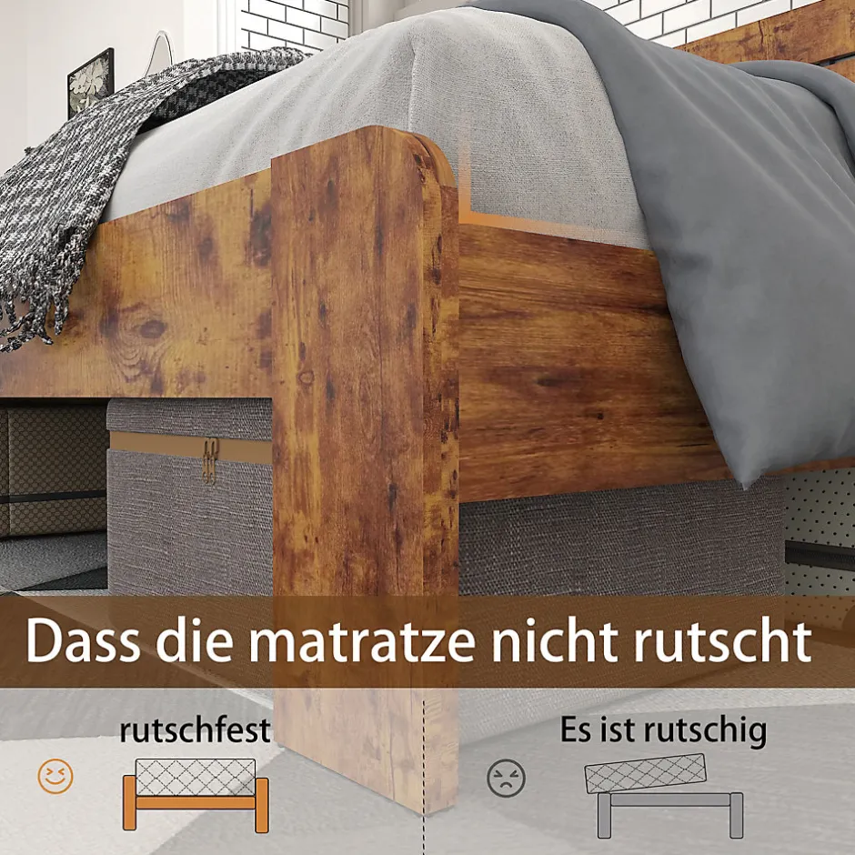 Okwish Lit Double 140x200 cm - Lit Adulte en Bois avec Cadre Métal Robuste - Style Industriel - Sans Matelas - Marron