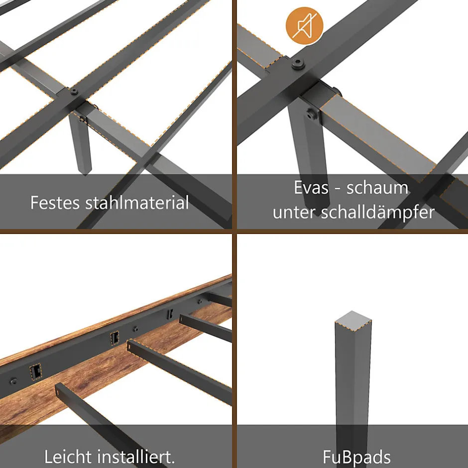 Okwish Lit Double 140x200 cm - Lit Adulte en Bois avec Cadre Métal Robuste - Style Industriel - Sans Matelas - Marron