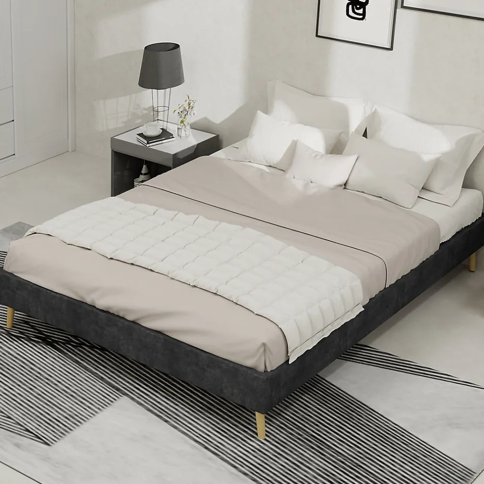 Okwish Lit Double 140x200 cm - Lit Adulte Minimaliste et Stable, Sans Tête de Lit et Sans Vérin, Sans Matelas, en Velours Hollandais Gris