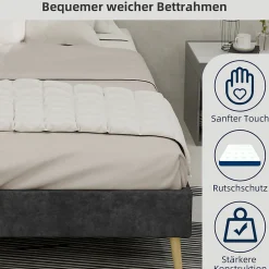 Okwish Lit Double 140x200 cm - Lit Adulte Minimaliste et Stable, Sans Tête de Lit et Sans Vérin, Sans Matelas, en Velours Hollandais Gris