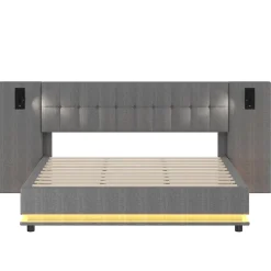 Okwish Lit Double 180x200 cm - Lit Adulte Rembourré avec Tête de Lit LED et Prise USB - Lin + MDF - Sans Matelas - Gris