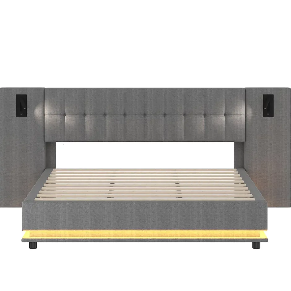 Okwish Lit Double 180x200 cm - Lit Adulte Rembourré avec Tête de Lit LED et Prise USB - Lin + MDF - Sans Matelas - Gris