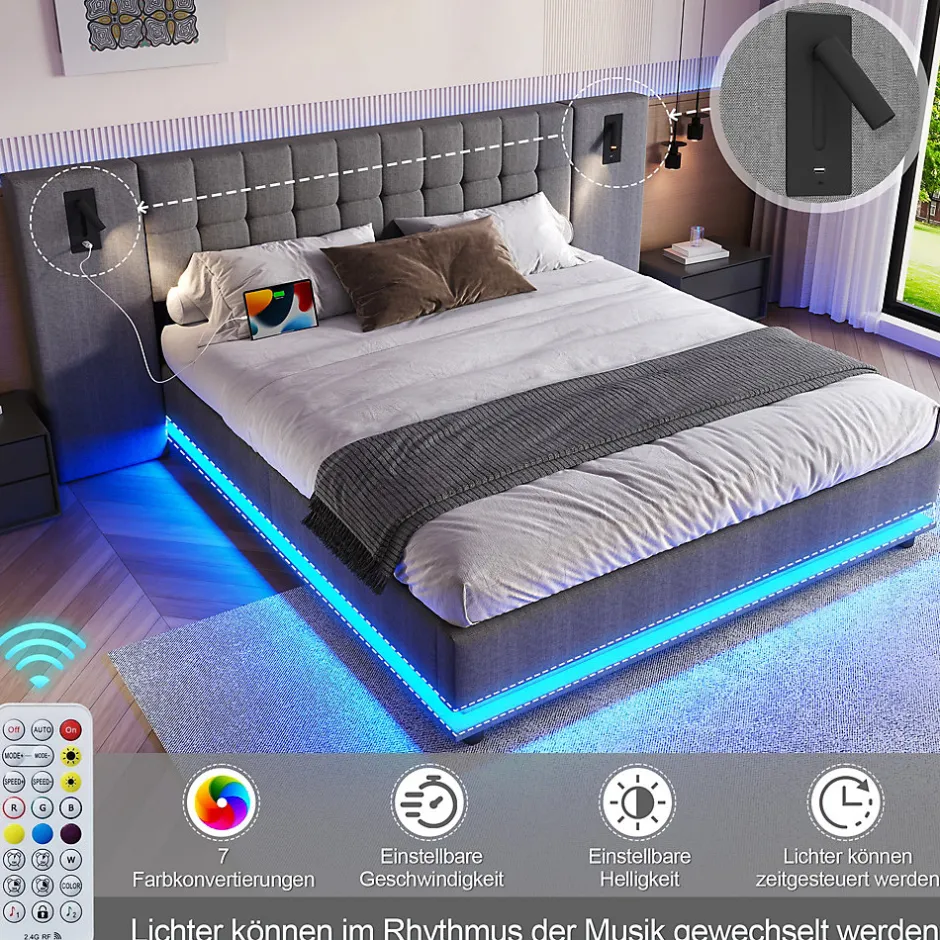 Okwish Lit Double 180x200 cm - Lit Adulte Rembourré avec Tête de Lit LED et Prise USB - Lin + MDF - Sans Matelas - Gris