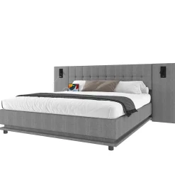Okwish Lit Double 180x200 cm - Lit Adulte Rembourré avec Tête de Lit LED et Prise USB - Lin + MDF - Sans Matelas - Gris