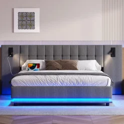 Okwish Lit Double 180x200 cm - Lit Adulte Rembourré avec Tête de Lit LED et Prise USB - Lin + MDF - Sans Matelas - Gris