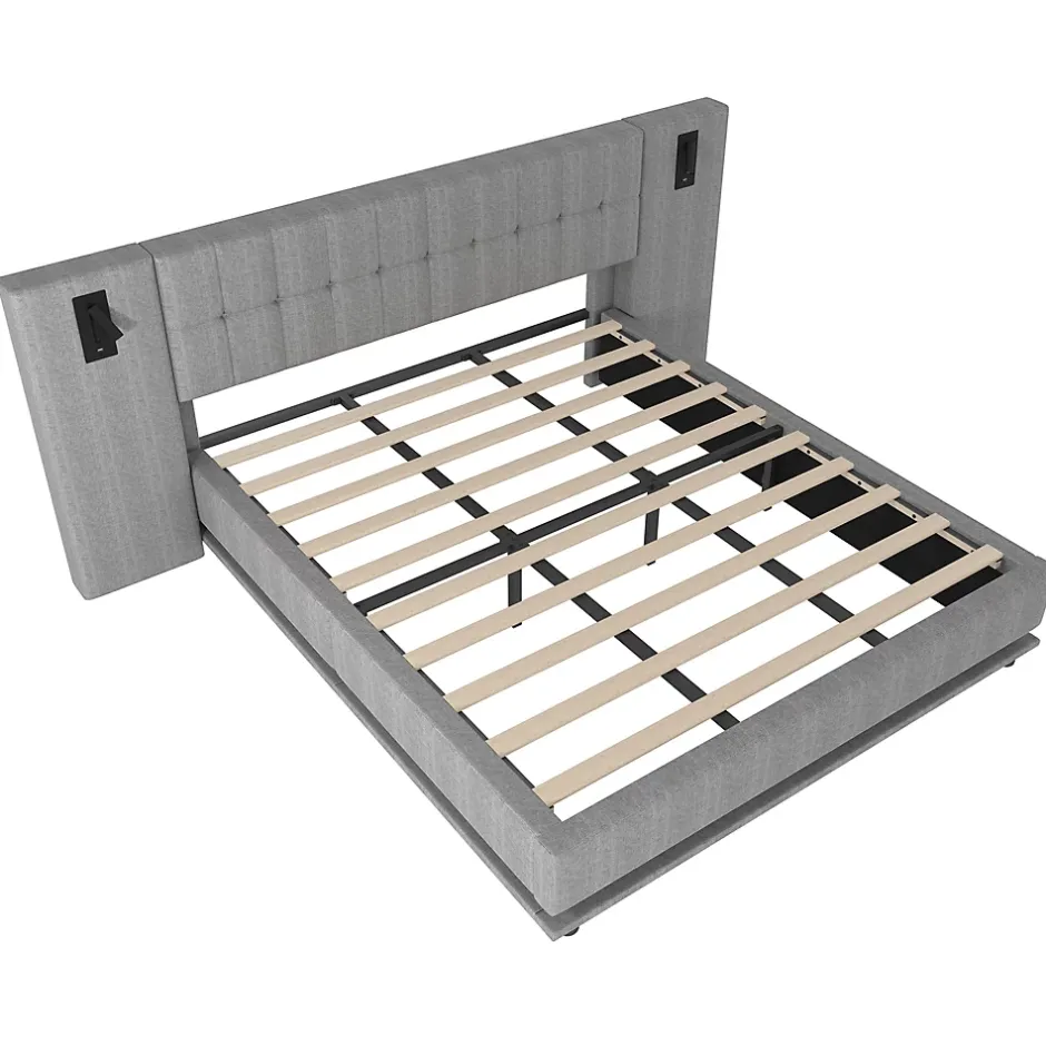 Okwish Lit Double 180x200 cm - Lit Adulte Rembourré avec Tête de Lit LED et Prise USB - Lin + MDF - Sans Matelas - Gris