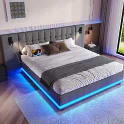 Okwish Lit Double 180x200 cm - Lit Adulte Rembourré avec Tête de Lit LED et Prise USB - Lin + MDF - Sans Matelas - Gris